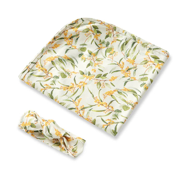 SNUGGLE HUNNY Organic Jersey Wrap & Topknot set - Golden Wattle flatlay