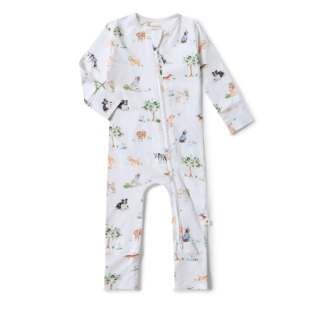 SNUGGLE HUNNY Organic Snugglesuit Convertible Romper - Dog Park flatlay