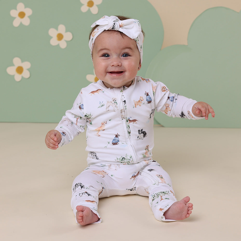 SNUGGLE HUNNY Organic Snugglesuit Convertible Romper - Dog Park lifestyle